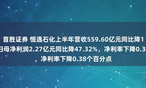 首胜证券 恒逸石化上半年营收559.60亿元同比降13.59%，归母净利润2.27亿元同比降47.32%，净利率下降0.38个百分点